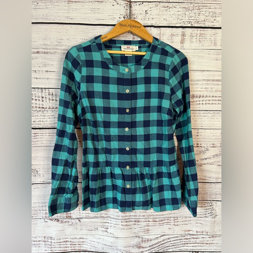 Vineyard Vines 💙🩵 - Blue Flannel Buffalo Check Peplum Hem Button Down Sh…